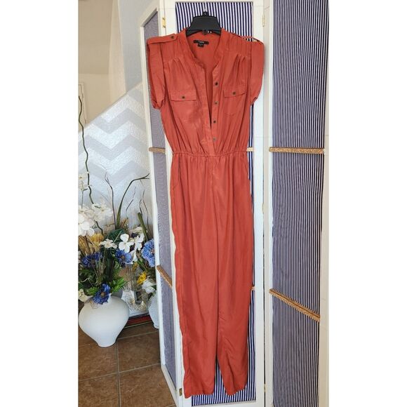 Pants - Lightweight Belted Straight Leg Jumpsuit - Rust Orange Terracotta